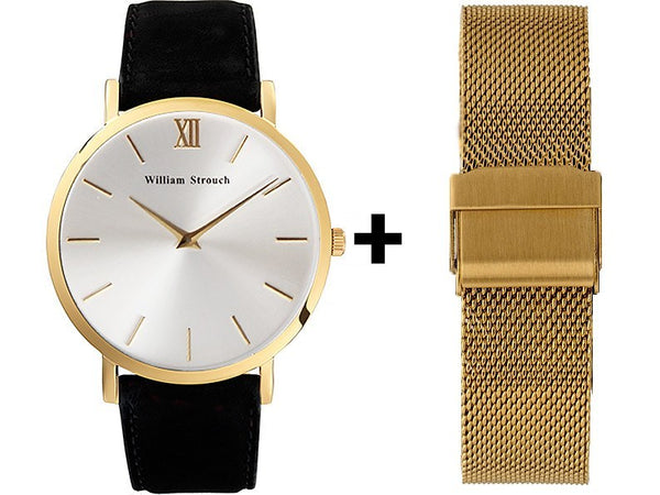 William Strouch Watch - BLACK AND SILVER STREAK + GOLD STRAP