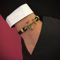 Bracelet - 18K YELLOW GOLD ANCHOR BLACK LEATHER